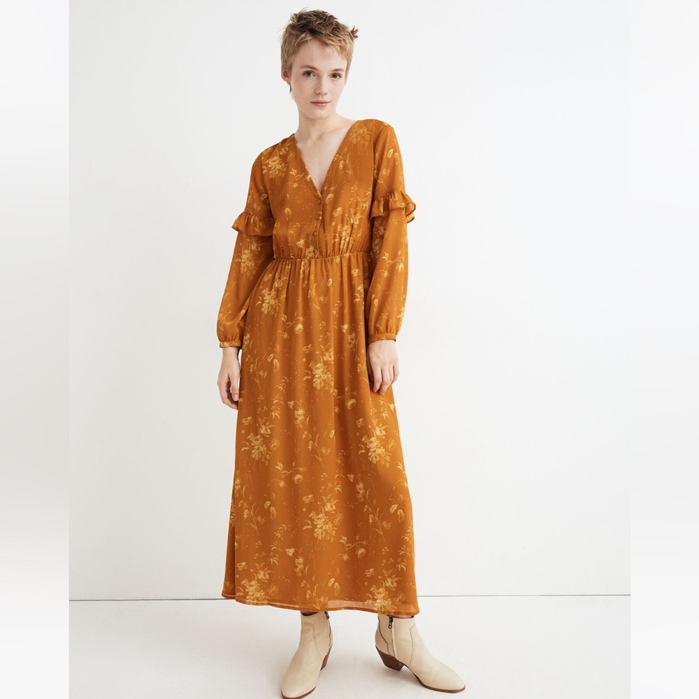 Madewell Ruffle Sleeve Button Front Dress Tonal Brown Size 6 - Picture 3 of 13
